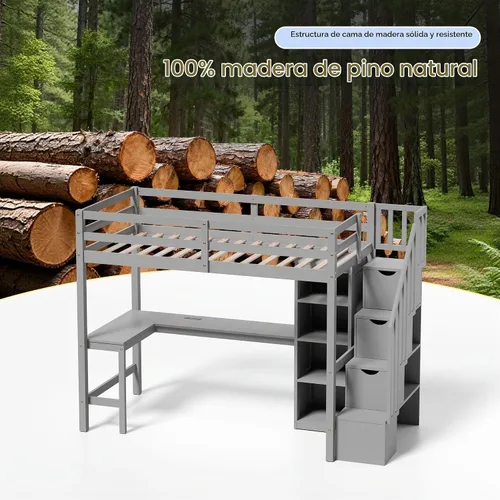 Vista 8 de Xilingol - Cama alta individual con escaleras y escritorio, cama alta de madera maciza, cama alta resistente con escritorio en forma de L, tiras