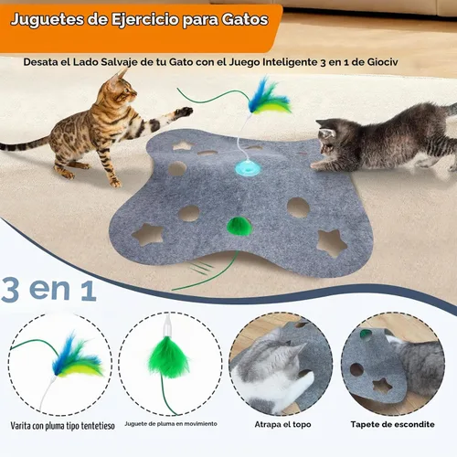 Vista 3 de Giociv Juguetes interactivos para gatos de interior, juguetes de ejercicio giratorio con base de plumas, modo de activación táctil, cubierta