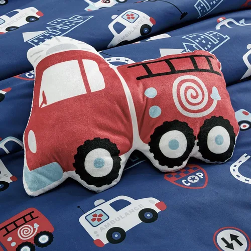Vista 3 de Juego de edredón de 4 piezas Fire Turck para niños, hermoso diseño de motivos con estampado bordado Motivo bordado de fuego Turck Twin