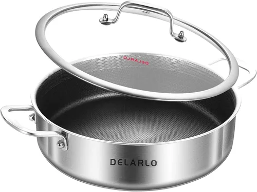 Vista 18 de DELARLO Sartén de tres capas de acero inoxidable de 10 pulgadas Sartén de freír profunda de 3QT con tapa Sartén de saltear con tapa Compatible