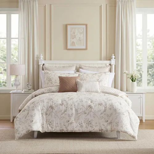 Vista 12 de Laura Ashley - Juego de edredón Queen, ropa de cama de algodón reversible, incluye fundas a juego con fundas europeas y almohadas adicionales