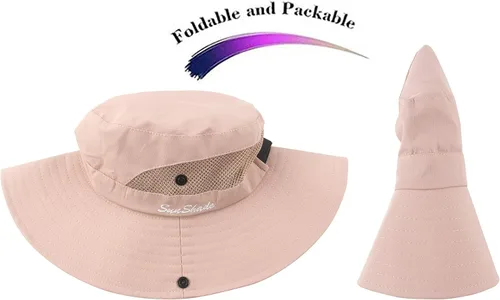 Vista 6 de Sombrero de sol para mujer con protección UV, malla plegable, ala ancha, sombrero de pesca para playa