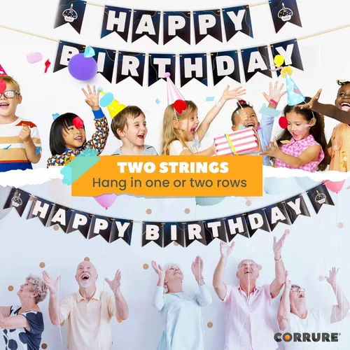 Vista 5 de CORRURE Cartel de feliz cumpleaños – Pancartas azules preencordadas con lámina dorada – Bandera grande para fiestas para mujeres, hombres, niñas