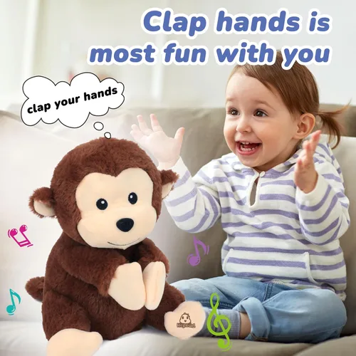 Vista 5 de Hopearl Monkey - Juguete musical interactivo de peluche que canta y canta, adorable regalo eléctrico para niños, marrón, 11 pulgadas