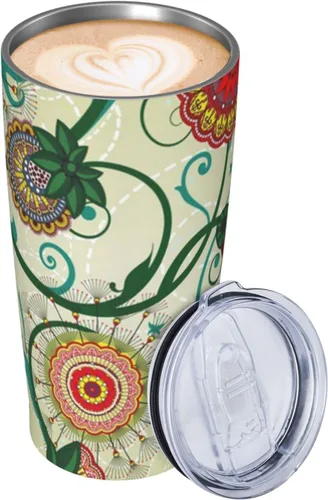 Vista 3 de Evealyn Vaso de acero inoxidable de 20 onzas con estampado floral vintage con tapa y pajita, taza de café reutilizable de viaje para bebidas frías