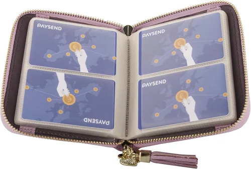 Vista 6 de Cartera con tarjetero RFID para tarjetas de crédito, de cuero, con cremallera, para mujer, 40 ranuras para tarjetas, Púrpura, Compacto