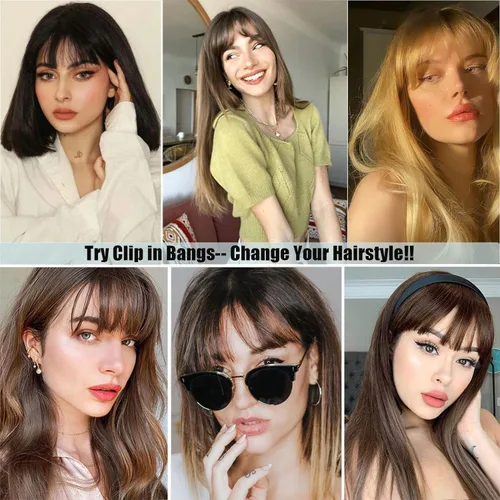 Vista 6 de MOCA HAIR Flequillo con clip, 100 % cabello humano, con pinzas de cabello humano real, color marrón oscuro con sienes, extensiones de flequillo