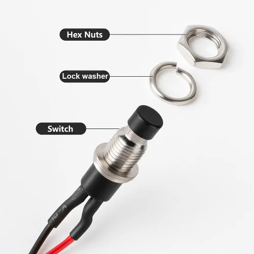 Vista 6 de Gebildet 10 piezas de botón de presión momentáneo mini precableado negro 3V-6V-12V-24V-230V/1A, SPST normalmente abierto ON/Off, botón redondo de 2