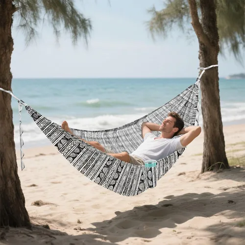 Vista 6 de ALAZA Hamacas tribales bohemias negras para acampar individuales o 2 personas, 500 libras, hamaca portátil de viaje con correas de árbol