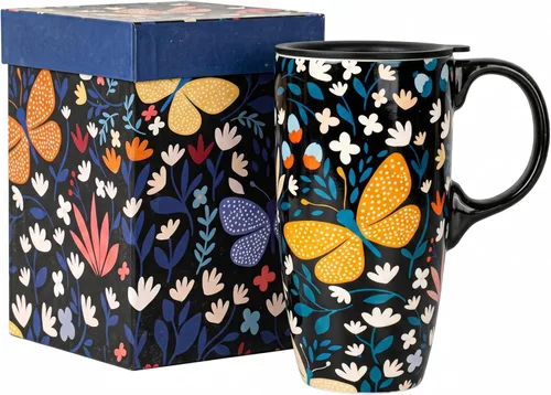Vista 13 de Topadorn Taza de Café de Cerámica de Porcelana Latte Taza de Té con Tapa y Caja de Regalo 17oz, Flor Azul