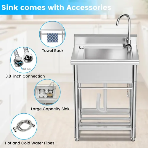 Vista 4 de Lafati Fregadero de acero inoxidable – Fregadero de cocina independiente de un solo tazón certificado NSF con agua fría y caliente para granja