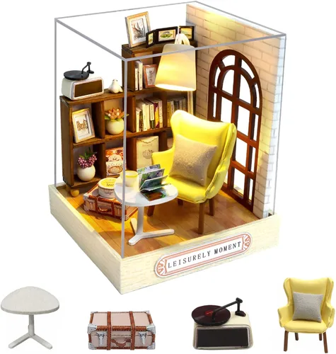 Vista 18 de CUTEROOM Juego de bricolaje para casa de muñecas en miniatura con muebles de madera, kit de casa de madera con cubierta antipolvo y luz LED