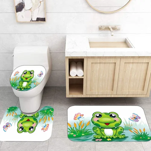 Vista 6 de Juego de 4 cortinas de ducha con diseño de rana divertida color verde con tapete de baño, diseño de rana en hojas, tapete de baño para niños, tapete