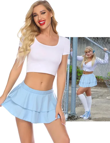 Vista 4 de Avidlove - Minifalda plisada con volados para mujer, color liso, falda de lencería