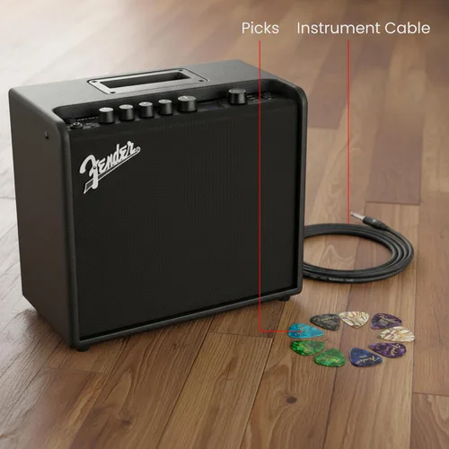 Vista 2 de Fender Mustang LT25 - Amplificador combinado de guitarra con cable y paquete exclusivo de púas de 12 piezas de Austin Bazaar
