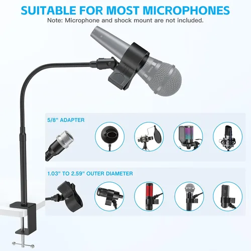 Vista 2 de ZealSound Soporte de micrófono de 19 pulgadas, soporte flexible de micrófono de escritorio de cuello de cisne, soporte de clip de micrófono mejorado