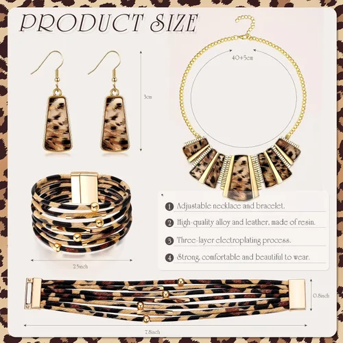 Vista 5 de Juego de 3 piezas de collar de leopardo, aretes, pulseras, joyería para mujer, con estampado de leopardo, bohemio, con cadena de babero, collar