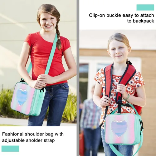 Vista 6 de Lonchera para niños y niñas, bolsa de mano aislada con diseño de arco iris, a prueba de fugas, térmica, reutilizable, para la escuela, la oficina