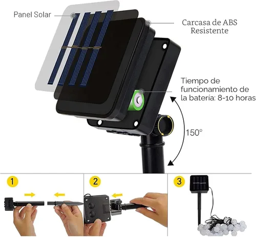 Vista 5 de Guirnalda de luces solares para exteriores, 100 luces LED de 40 pies de globo de cristal multicolor con 8 modos de iluminación, luces solares