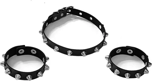 Vista 6 de Tosmifairy 3Pcs Leather Goth Jewelry Choker and Bracelets Set Punk Cosplay Costume Accessories for Women Men Teen Girls