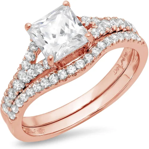 Vista 4 de Clara Pucci Juego de anillos de compromiso de zafiro blanco creado en laboratorio de 2.01 quilates con diseño solitario de corte princesa