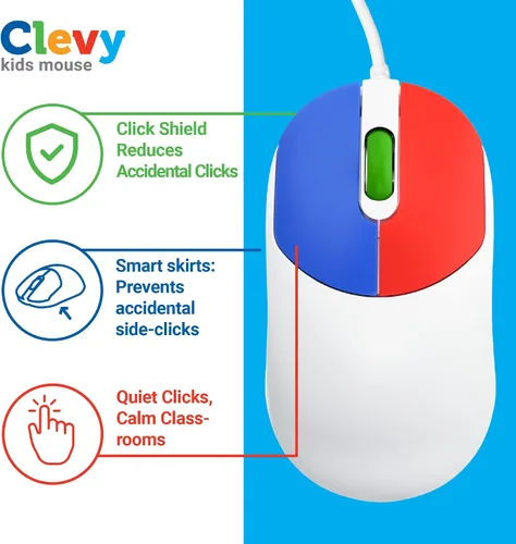 Vista 3 de Clevy Mouse para niños, colorido y ergonómico USB para computadora portátil para uso escolar y doméstico, mouse con cable compatible con niños