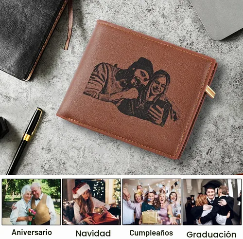 Vista 6 de Awofer Cartera de fotos grabada personalizada para hombre Marrón (Bright Brown)
