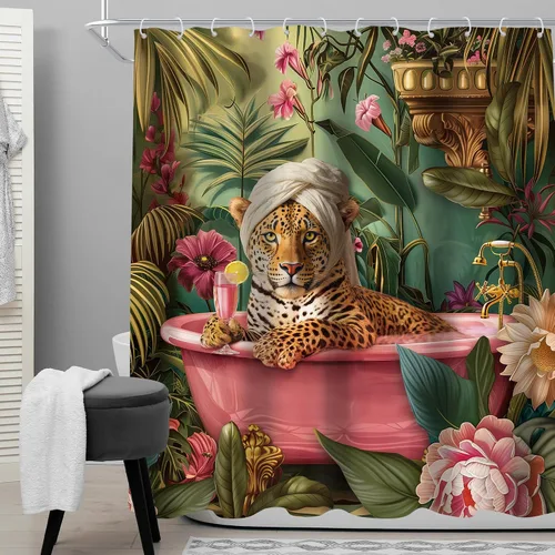 Vista 2 de Juego de cortina de ducha de baño con diseño de leopardo y guepardo rosa A-01pink leopardo verde