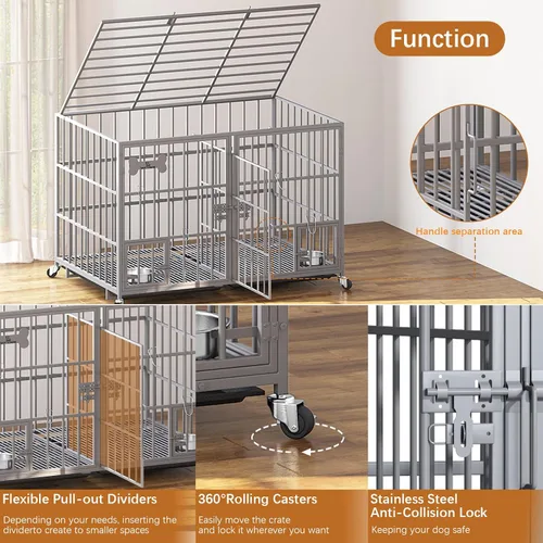 Vista 3 de aboxoo Jaula de metal resistente para perros de 42/48 pulgadas para 2 perros/perros grandes, parte superior abierta de metal, perrera