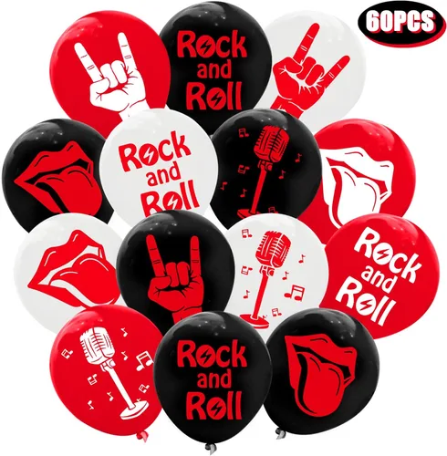 Vista 2 de 60 globos de látex Rock and Roll para decoración de fiesta de los años 80 y 90, suministros de fiesta de músico, guitarra, rap, cumpleaños, baby