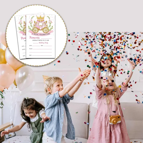 Vista 4 de Invitaciones de cumpleaños de princesa con sobres, tarjeta de invitación de fiesta real para niñas, tarjetas de invitaciones rosadas y doradas