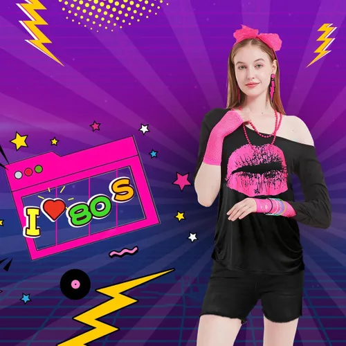 Vista 4 de WILDPARTY Accesorios de trajes de los años 80 para mujer, camiseta, diadema, aretes, collar, guantes de red, calentadores de piernas para fiesta