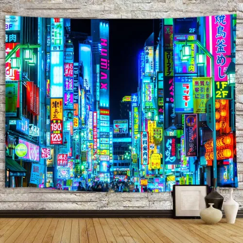 Vista 2 de iTapnoom Tapiz de anime japonés de neón punk, ciudad futurista, tapiz para colgar en la pared para hombres y niños, dormitorio, futuro fresco