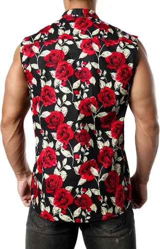 Vista 3 de JOGAL Camisa hawaiana sin mangas con botones y flores para hombre
