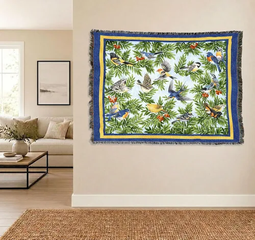 Vista 4 de Pure Country Weavers Manta de pájaros cantores por Elena Vladykina – Tapiz de regalo floral de jardín de pájaros, manta tejida de algodón, fabricada