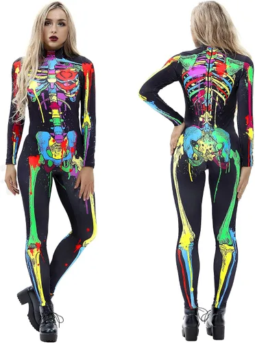 Vista 3 de Selowin - Overol para disfraz de Halloween con estampado de esqueleto, traje de gato