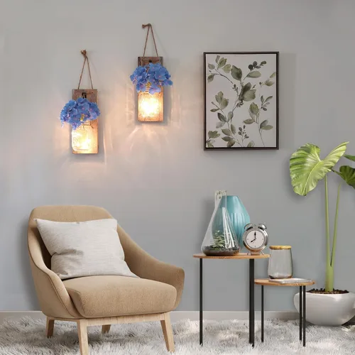 Vista 4 de Decoración de Pared de Granja para Sala de Estar, Decoración Rústica Colgante de Pared, Decoración de Pared con Frasco Mason, Juego de 2 con Luces