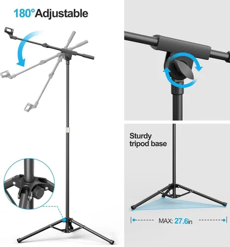 Vista 8 de Soporte de micrófono con brazo de brazo, trípode resistente, soporte de suelo ajustable con bolsa de transporte y 2 clips de micrófono para cantar