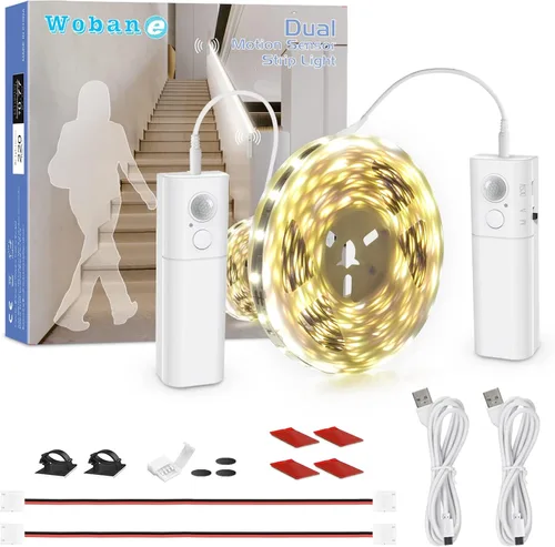 Vista 10 de WOBANE Tira de luz recargable con sensor de movimiento, luces LED para armario, escalera, despensa, armario, cama, casillero, 2700 K, blanco cálido