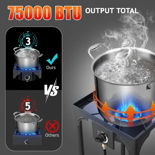 Vista 4 de Karl home Estufa de gas propano de 1 quemador para cocinar al aire libre, cocina de campamento de 75,000 BTU con patas extraíbles y regulador PSI