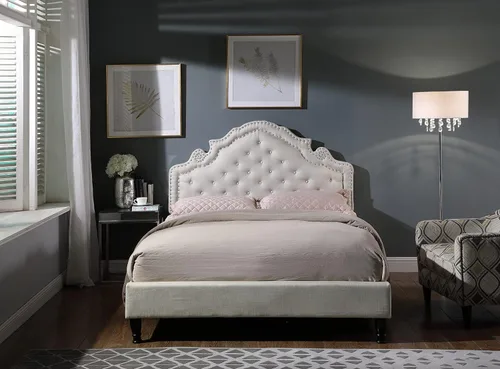 Vista 5 de Base de cama de plataforma tapizada King con cabecera de 51 pulgadas de alto, cama de tela con botones - Soporte de listones de madera con espacio