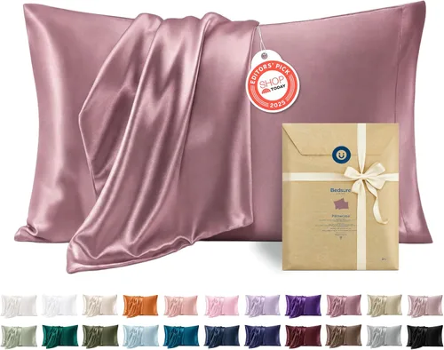 Vista 23 de Bedsure Paquete de 2 fundas de almohada de satén similares a las fundas de almohada de seda tamaño estándar, funda de almohada para mujeres que
