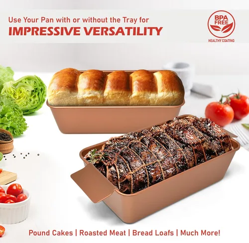 Vista 5 de PERLLI Molde para pan de carne con bandeja de goteo, 2 unidades, 9.8 x 5.7 pulgadas, sartén antiadherente de cobre para pastel de carne con bandeja