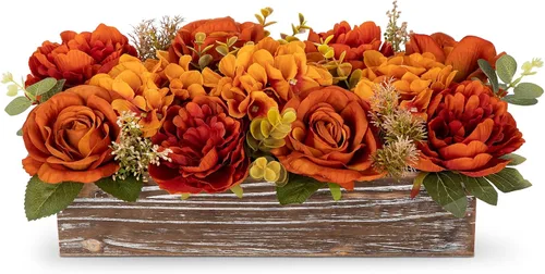 Vista 21 de DILATATA Arreglo floral con jarrón de madera, flores artificiales de 10 pulgadas en maceta, flores falsas en jarrón rectangular de madera blanco