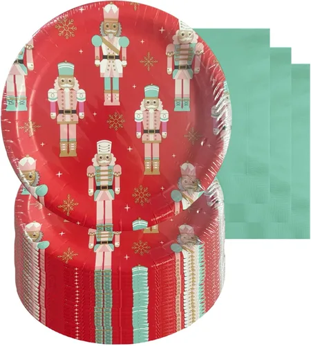 Vista 24 de HOME & HOOPLA Platos y servilletas de papel grandes para fiesta de Navidad, diseño calmado y brillante en verde y dorado moderno (para 16 personas)