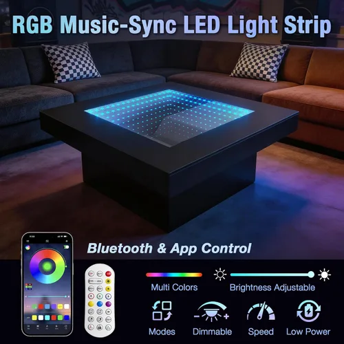 Vista 8 de FKWin Mesas de centro modernas negras – Mesa de centro cuadrada con espejo de profundidad infinita con luces LED, mesa negra para sala de estar
