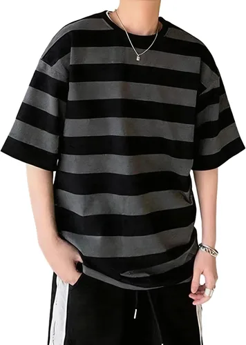Vista 2 de Camiseta Harajuku de gran tamaño a rayas de manga larga con cuello redondo para mujer NegroGris