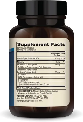 Vista 2 de Dr. Mercola Apoyo para dormir con melatonina - Apoya el sueño reparador y la relajación - Melatonina con L-teanina, 5-HTP, GABA - 30 Cápsulas - 1.5