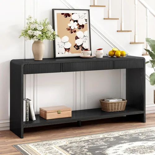 Vista 16 de Knocbel Mesa consola con 2 cajones ranurados, mesas de sofá modernas con curvas redondeadas únicas y superficie lisa para sala de estar, entrada, 55