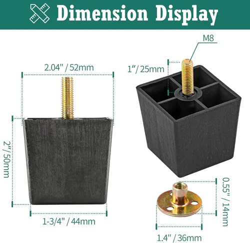Vista 4 de Pernos de rosca métrica M8-1.25, patas de plástico para muebles, patas de sofá cuadradas negras de 2 pulgadas con tuercas de placa, repuesto